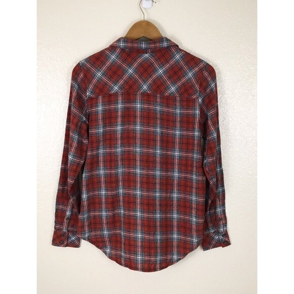 Womens S Button-Up Red Plaid Flannel Shirt With Long Sleeves & Chest Pockets - Picture 3 of 5